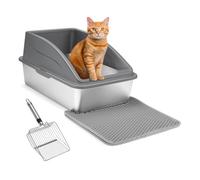 POPETPOP 1Set Extra Large Open Top Cat Litter Box High Sided Stainless Steel Litter with Litter Scoop Mat Spill Design for Easy Cleaning Stable Structure for Cats