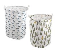 POPETPOP 2 Pieces Cotton Linen Laundry Baskets with Whale and Tree Patterns, Foldable Sundries Organizer Storage Buckets for Clothes, and Household Use