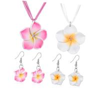 POPETPOP 2 Sets Hawaiian Flower Jewelry Lightweight Polymer Clay Necklace and Dangle Earrings for Luau Party Tropical Wedding and Graduation White and Pink Floral Accessories