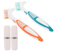 POPETPOP 2 Sets Portable Denture Brush for False Teeth with Carrying Case, Double Sided Multi-Layered Hygiene Toothbrush Made of Pp and Fiber, Ergonomically Angled for Travel and Dining