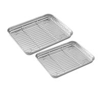 POPETPOP 2 Sets Stainless Steel Baking Tray and Wire Rack Set, Oven Roasting Pan with Rack 23.5x17.5x2.5cm 26.5x20.5x2.5cm, Sturdy Home Bakeware for Oven Cooking and Cooling
