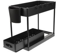 POPETPOP 2-tier Sliding Drawer Cabinet Organizer Rack with 4 Hooks and 1 Cup, Black Abs under Sink Storage Basket for Kitchen and Bathroom Cleaning Supplies