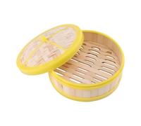 POPETPOP 20cm Bamboo Steamer Basket with Yellow Rim Lid, Single Tier Chinese Food Steamer for Dim Sum, Dumplings, Buns, and Vegetables Cooking