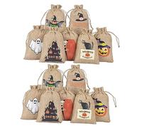 POPETPOP 24pcs Halloween Linen Drawstring Gift Bags Reusable Candy Snack Pouches with Classic Festival Prints Multipurpose Treat Packaging for Party Favors and Small Gifts