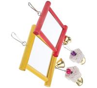 POPETPOP 2pcs Bird Parrot Chew with Mirror for Chicken and Bird, Wooden and Iron Material, Red and Yellow Colours, Reduces Loneliness and Aggression, Suitable for Parrot Cage