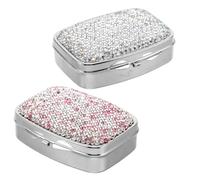 POPETPOP 2pcs Bling Rhinestone Mini Travel Pill Organizer Case with 2 Compartments for Daily Use and Reliable Storage Protection, Portable Metal Medicine Planner for Purse