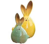POPETPOP 2pcs Ceramic Bunny Ornaments: Cute Easter Rabbit Figurines for Home Decor, Spring Yellow & Green Animal Statues for Living Room Desktop, Shelf and Table Centerpieces Decoration