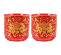 POPETPOP 2pcs Ceramic Worship Cups for Home Decoration and Buddha Worship, Red Round Water Offering Bowls Smooth Edges, for Temple and Spiritual Rituals
