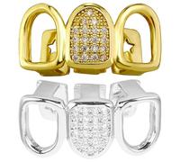 POPETPOP 2pcs Copper Hip Hop Teeth Grill with Zircon Jewels, Secure Fit Mouth Grill for Adults, Versatile Cosplay Prop and Street Fashion Accessory for Daily Wear and Parties