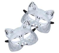 POPETPOP 2pcs Disco Cat Shaped Masquerade Face Mask with Silver Sequins and Glitter, Full Face Cover Plastic and Glass Mask for Carnival Costume Parties and Halloween Events