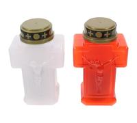 POPETPOP 2pcs Flameless Electronic Cemetery Candle Lamps with Cross Jesus Design, Red and White Shells, Memorial Garden Lanterns for Outdoor Yard and Gravesite Decoration