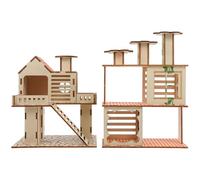 POPETPOP 2pcs Hamster Villa Wooden Hideout with Climbing Ladder and Platform, Small Pet Habitat Playground for Hamsters, Gerbils, and Dwarf Rodents Indoor Cage Accessory
