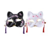 POPETPOP 2pcs Japanese Styled Halloween Dressing up Masks White Painted Sakura Cat and Black Fox Masque for Costume Parties Masquerades Carnivals