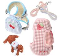 POPETPOP 2pcs Medium Dog Harness Backpack Set Detachable Chest and Back Vest Harness for Small Dogs Outdoor Pet Leash with Blue Cherry and Pink Strawberry Packs and Leash
