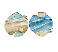POPETPOP 2pcs Ocean Theme Wood Plaques Fish Shaped Wall Hanging Decor in Blue Rustic Coastal Style Lightweight for Beach Home or Bathroom Summer Decoration