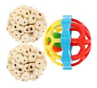 POPETPOP 3 Pcs Bird Grinding Beak for Parrots and Budgies, Natural Edible Sola Soft Balls with Rubber Chew Ball, Small Cage Accessories for Cockatiels and Finches Random Color