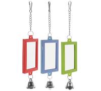 POPETPOP 3pcs Bird Mirrors with Bell and Hook for Parakeets and Parrots, Double-sided Glass and Plastic Interactive Cage, Easy to Install Cage Accessories and Decoration Random Color