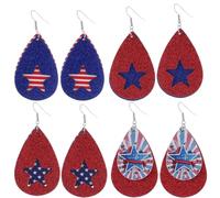 POPETPOP 4 Pairs Independence Day Pu Leather Earrings for Women, Double Layer Teardrop Dangle Pentagram Star Earrings, Lightweight Ear Jewelry, Festive Holiday Accessories Assorted style