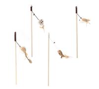 POPETPOP 4 Pcs Cat Interactive Feather with Wooden Handles and Plush Pendants, Anti-skid Cotton Handles, Ring Bells Included for Home Cat Teasing and Enrichment