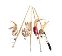 POPETPOP 4pcs Cat Feather Mouse Toys with Wood Handle and Bell for Interactive Playing and Training, for Kitten and Cat Activity Fun Style