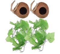 POPETPOP 4pcs Coconut Shell Pet Sleeping Nest with Hanging Rope Design and Imitation Grass Brown Small Pet Living House and Lizards Delicate Details for Climbing and Resting