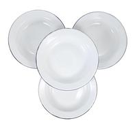 POPETPOP 4pcs White Enamel Salad Plates Shallow Dinner Plates with Flat Rim, Easy to Clean Multi-Functional Enamelware for Home and Restaurant Use, Retro and Stylish Appearance