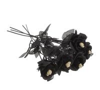 POPETPOP 5pcs Black Artificial Roses with Skull Decor Stems Halloween Decorations Gothic Fake Flowers for Skull Themed Parties Home Decor