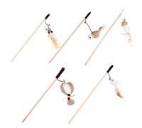 POPETPOP 5pcs Cat Teaser Stick Cats String Interactive Wooden Linen Beige with Bell Pendant to Stress and Keep Fit