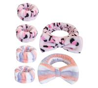 POPETPOP 6Pcs Women’S Face Washing Wristbands and Spa Headband Set, Soft Fleece Tie-Dye Pink Leopard Blue Red Striped Hair Accessories for Skincare and Sports
