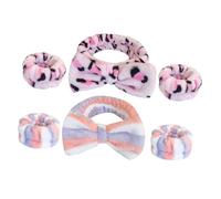 POPETPOP 6pcs Women’s Plush Spa Headbands and Wristbands Set for Face Washing, Sweat-absorbent Flannel Fabric, Tie-dye Pink Leopard Blue Red Striped Design, Suitable for Makeup and Skincare