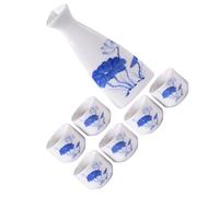 POPETPOP 7pcs Antique Ceramic Wine Set with Narrow Neck, 150ml Pot | Lotus Pattern Finish, 6 Cups at 25ml Each, for Sake, Home Bars and Restaurant Service