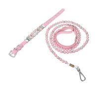 POPETPOP Adjustable Pink Pearl Puppy Collar and Leash Set with Crystal Rhinestones, Buckle Dog Collar for Small Dogs, Traction Rope for Walking and Party Decoration