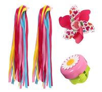 POPETPOP Bike Handlebar Streamers Tassels and Flower Bell Set 3pcs for Boys Scooter Accessories in Yellow Pink with Heart Pinwheel and Pink Daisy Bell