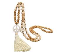 POPETPOP Boho Handmade Peace Sign Tassel Necklace with Wood Beads, Long Ethnic Pendant Chain for Women Autumn Winter Sweater Jewelry