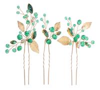POPETPOP Bridal Crystal Hair Pins 3Pcs Emerald Green Leaf Rhinestone Gold U Shaped Hair Styling Pins for Wedding and Prom