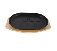 POPETPOP Cast Iron Steak Pan with Wooden Base, Heavy Duty Pre-Seasoned Sizzling Plate Featuring Even Heat Distribution and Versatile Cooking Options, for Family Gatherings and Stovetops