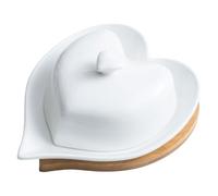POPETPOP Ceramic Butter Dish Set with Bamboo Handle and Heart-Shaped Plate, White Porcelain Butter Holder with Lid and Base Tray for Household Tableware and Food Serving