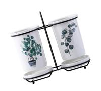 POPETPOP Ceramic Chopsticks Holder with Drainage, Kitchen Cutlery Storage Rack in White, Stylish and Easy to Clean Ceramic and Iron Material for Home Use, Keeps Cutlery Dry and Neat