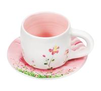 POPETPOP Ceramic Coffee Mug and Saucer Set with Floral Pattern, Pink Porcelain Milk Cup for Home Use, Single Cup and Saucer for Cappuccino and Tea