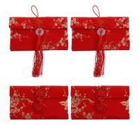 POPETPOP Chinese Style Red Envelope Set 4pcs for Wedding and New Year, Creative Fabric Satin Brocade Pouch, Practical and Sturdy Coin and Money Storage Bag with Traditional Knot Design