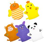 POPETPOP Cotton Bath Gloves 5Pcs Gentle Exfoliating Mitts with Cute Cartoon Patterns for Childrens Bath