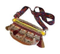 POPETPOP Ethnic Style Small Square Chest Bag for Women, Yellow Crossbody Fanny Pack with Wide Adjustable Strap, Retro Tassel Boho Shoulder Bag for Travel and Daily Use