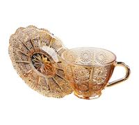 POPETPOP European Style Glass Coffee Cup and Saucers Set, Amber Vintage Embossed Tea Cup Kit for Cappuccino Latte and Afternoon Tea, Creative Glass Espresso Mug with Saucer