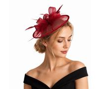 POPETPOP Fascinators Hat: Women's Fascinators for Weddings Red - Flower Mesh Ribbons on a Headband and a Forked Clip for Tea Party Cocktail Forked