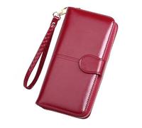 POPETPOP Female Coin Purse PU Leather Wallet with Zipper and Press Buckle, Stylish Red Long Women Wallet with Huge Capacity and Lanyard for Daily Occasions