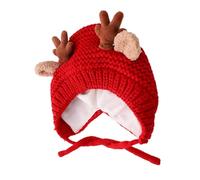 POPETPOP Fleece Lined Crochet Knit Cap with Reindeer Antlers, Winter Hat for 0-12 Months, Red Knitted Warm Beanie Hat for Christmas and Holiday Season