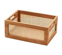 POPETPOP Handmade Bamboo Woven Storage Basket with Wooden Frame Lightweight Desktop Organizer for Cosmetics Kitchenware and Household Items Large Capacity Box for Home Storage