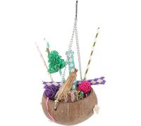 POPETPOP Handmade Parakeet Chewing Set with Natural Coconut Shell Bowl and Colorful Hanging Accessories, Bird Cage Chew for Parrot Shredding and Biting, Suitable for Cage Play and Bird