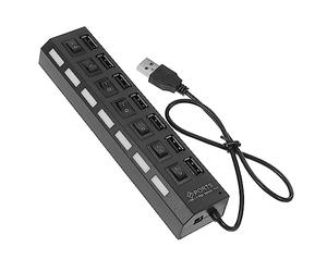 POPETPOP Hub with 7 Blue LED Indicators with Independent Port Control 7-port USB 2.0 Multi Port USB Adapter and Power Saving Features, Black Abs Material Portable for Home and Office Use