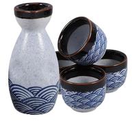 POPETPOP Japanese Style Ceramic Sake Serving Set with Sea Ripple Pattern 1 Pot 4 Cups 35Ml Capacity for Office Home Entertainment